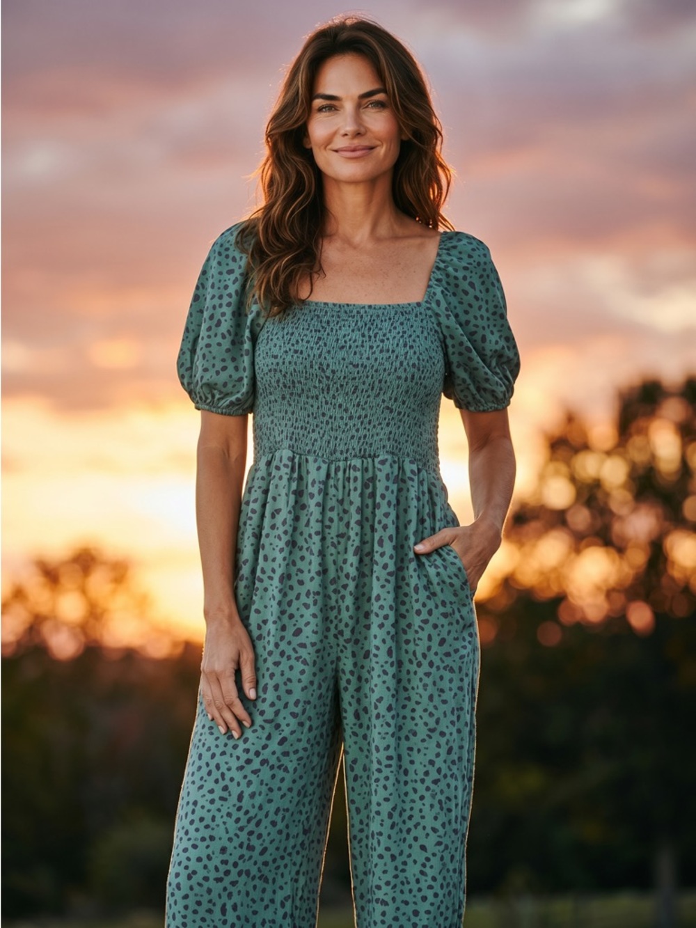 Smocked Maxi Romper in Teal with Black Spot Print